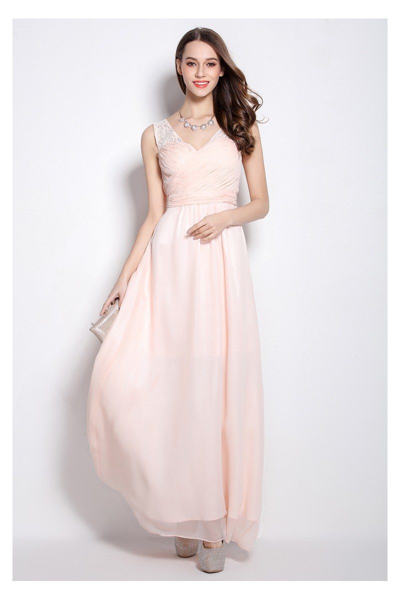 Pink Vneck Chiffon Long Party Dress 81.78 CK619