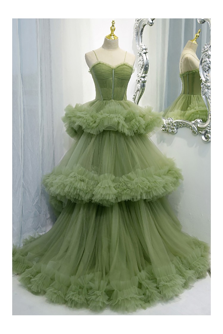 Green Tulle Stunning Ruffles Long Prom Dress With Straps 249 9912