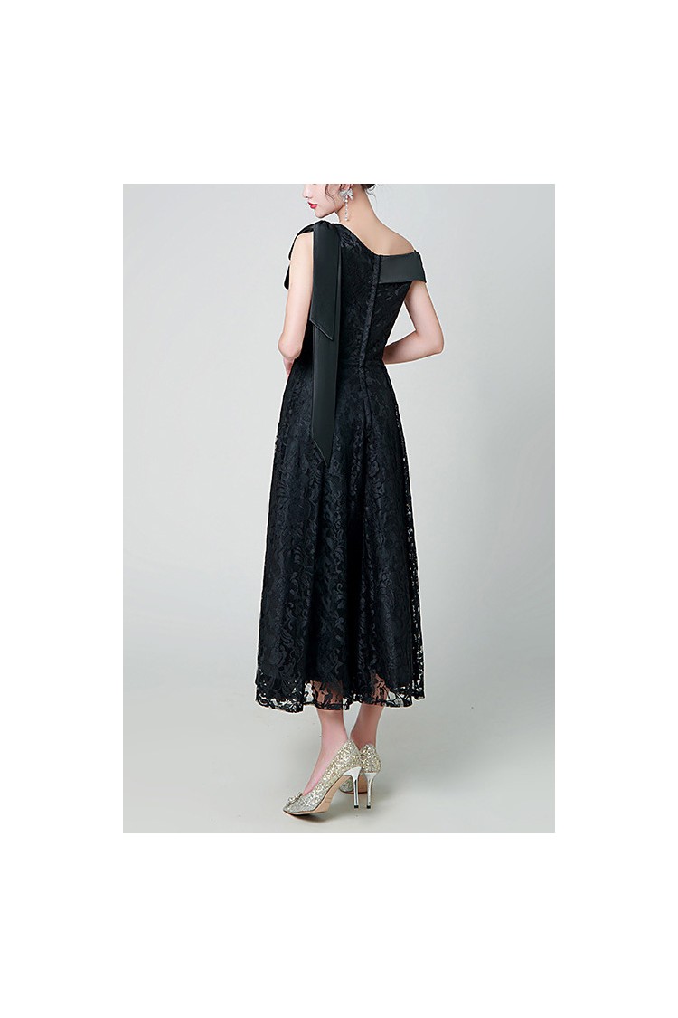 Black Lace One Shoulder Tea Length Party Dress S