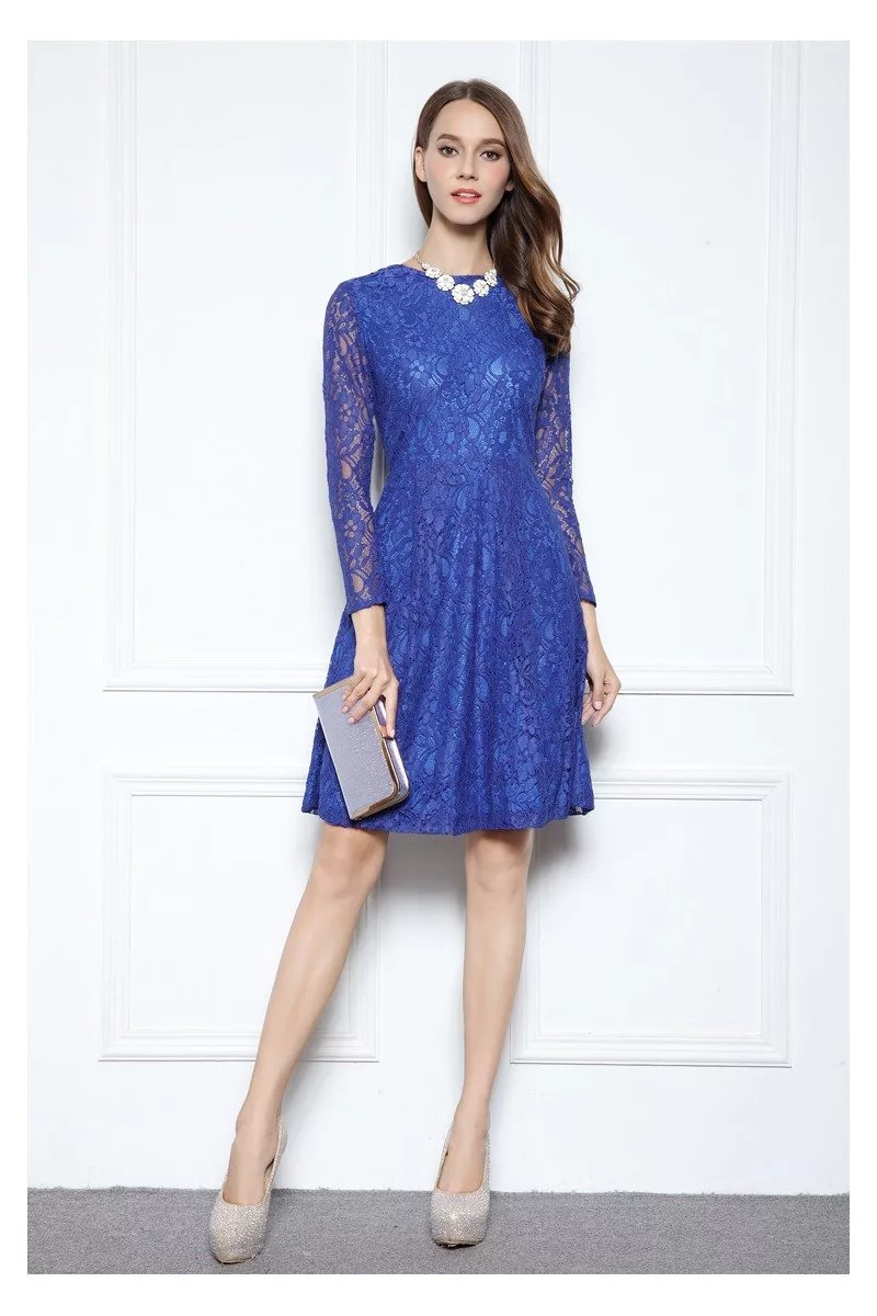 Royal Blue Lace Long Sleeve Short Dress - $54.52 #DK365 - SheProm.com