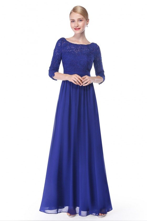 Elegant Royal Blue 3/4 Sleeve Lace Long Evening Dress - $62.04 #