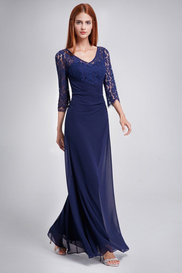 Navy Blue Lace 3/4 Sleeve Long Evening Dress - $52.64 #EP08861NB