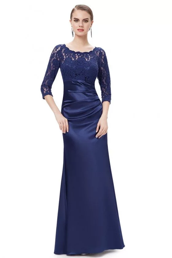Navy Blue 3/4 Sheer Sleeves Lace Scalloped Neckline Long Formal Dress