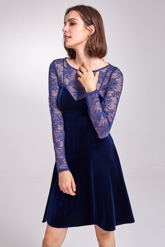 Blue Long Lace Sleeve Velvet Party Dress - $42.3 #AS05898MB - SheProm.com