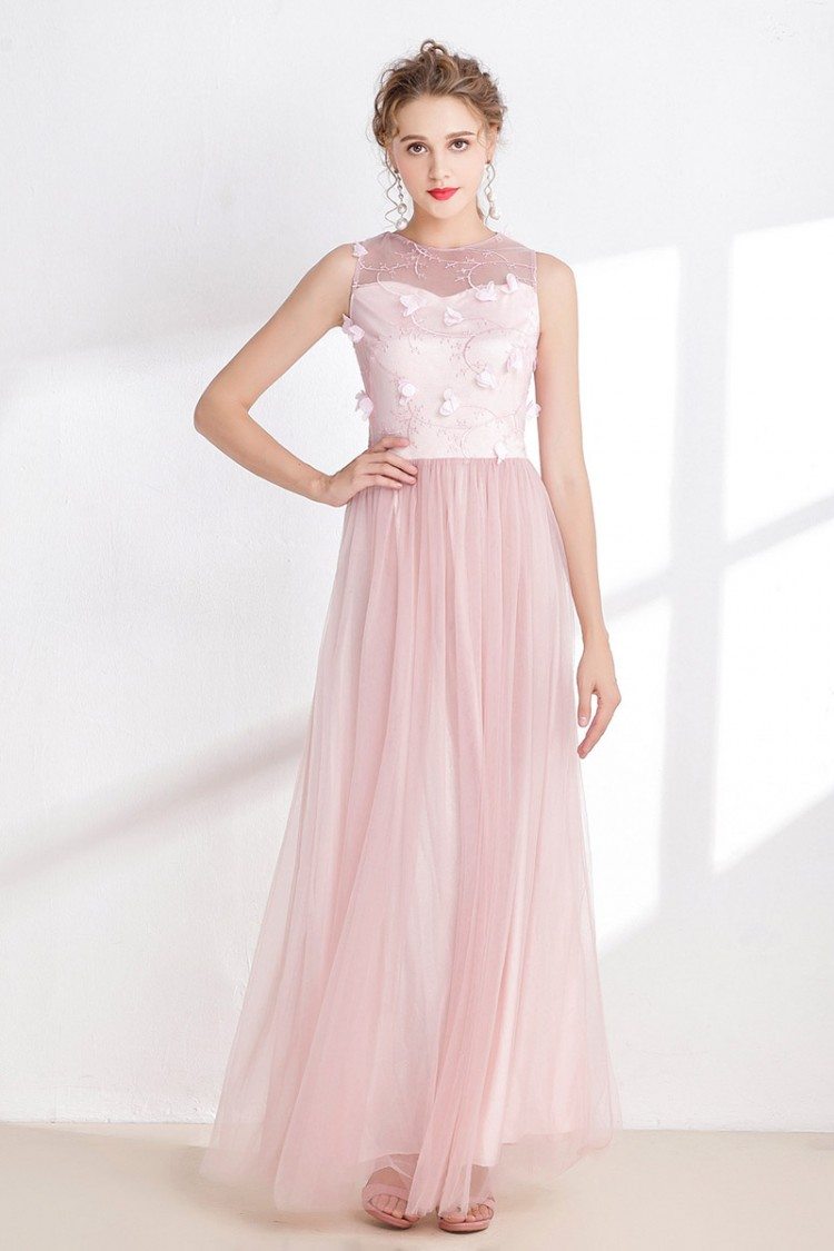 Blush Pink Tulle Floral Prom Dress with Sheer Back 99 CK993