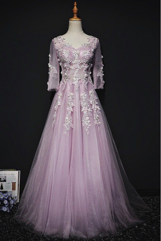 Gorgeous Purple A Line Lace Long Prom Dress With 3 4 Sleeves 168