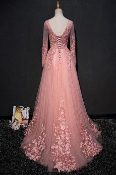 pink petals lace prom sleeve dress sheprom