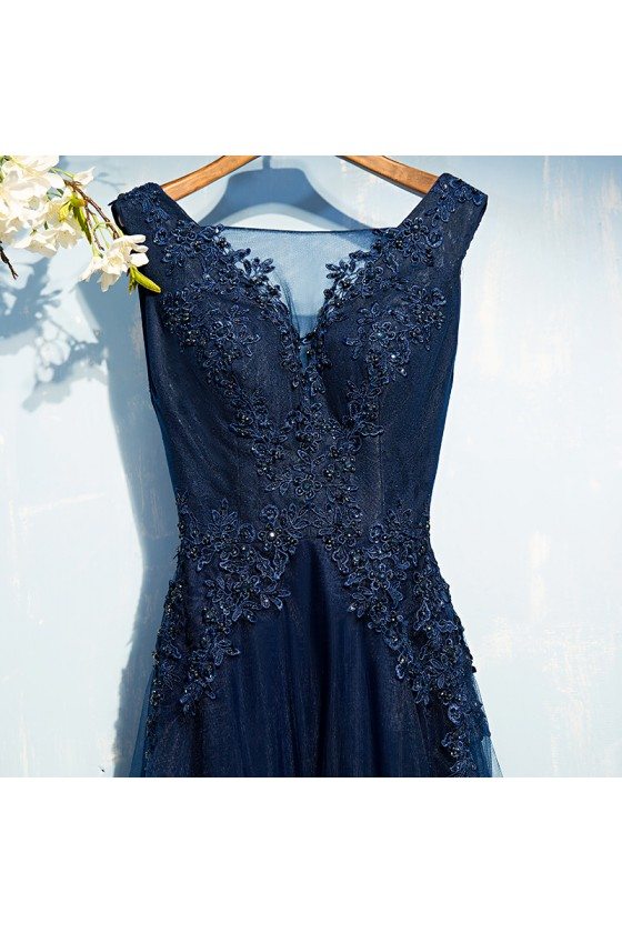 Gorgeous Navy Blue Long Prom Dress Cheap With Sequin Lace - $102.46 #MYX18092 - SheProm.com