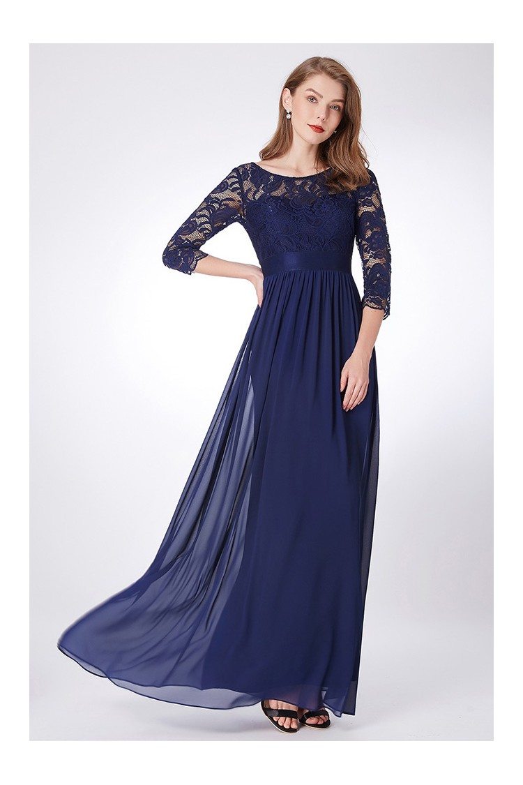 Empire Waist Navy Blue Lace Chiffon Formal Dress Long Sleeves - $64.86