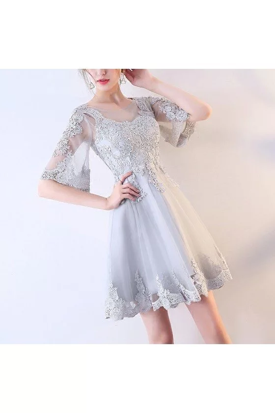 Grey Lace Short Tulle Party Dress With Sleeves Mxl