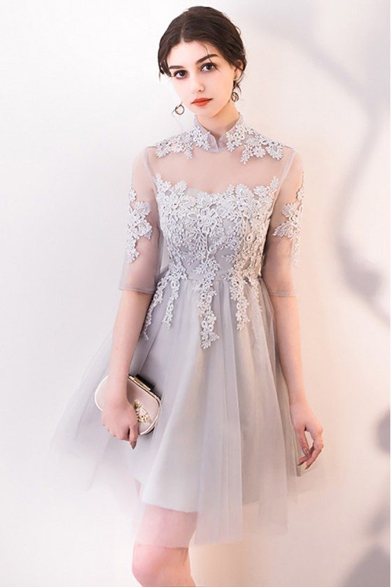 Grey Lace Tulle Short Homecoming Dress With Sleeves 70 31 MXL86070