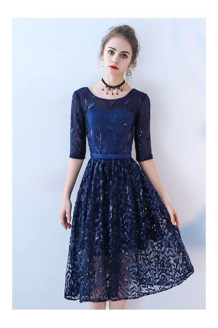 Navy Blue Sequined Party Dress Lace with Half Sleeves 69.52 