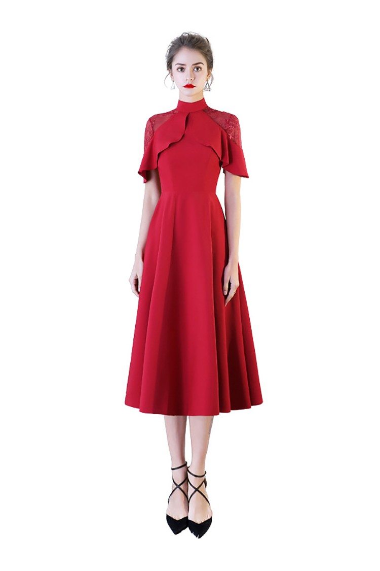 Burgundy Red Formal Party Dress Tea Length with Bell Sleeves 74.8 BLS86104
