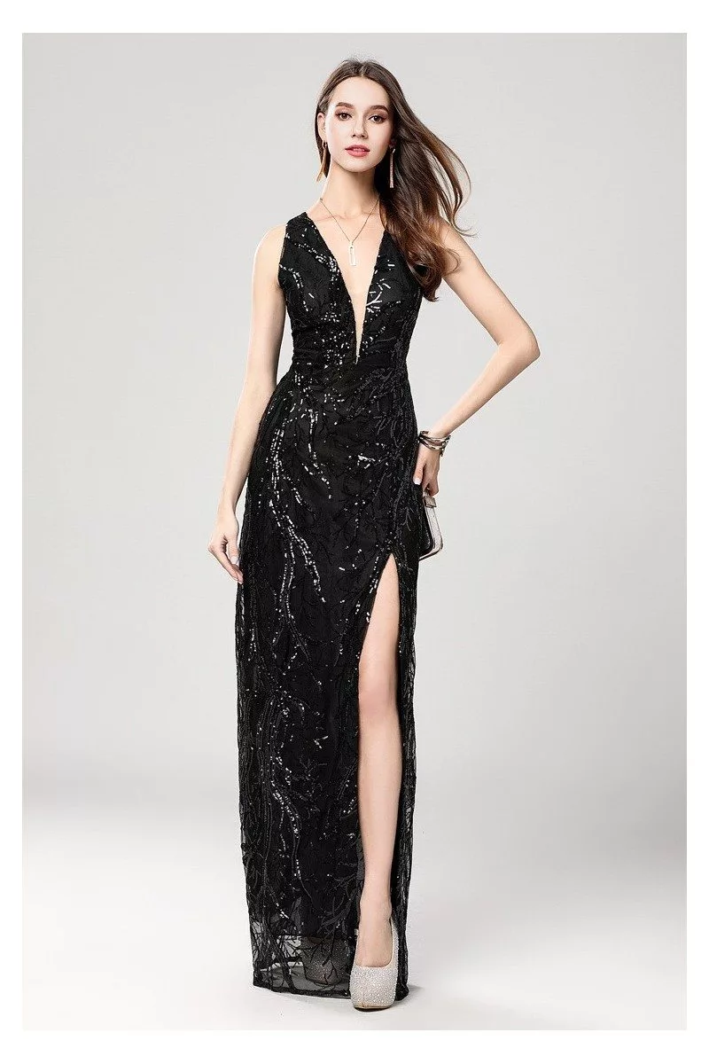 Sexy Black Sequin Deep V Neck Slit Prom Evening Dress Ck Sheprom