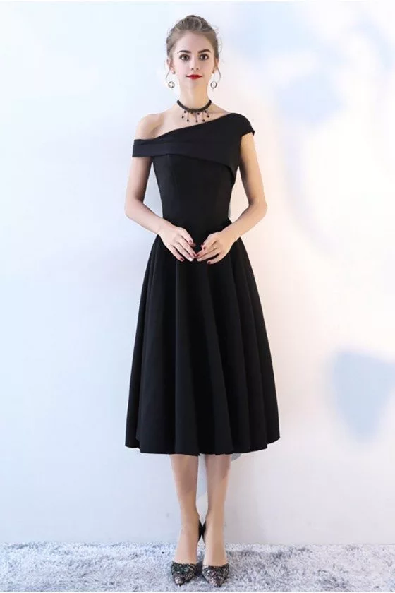 Black One Shoulder Midi Dress Tea Length 67.76 BLS86051