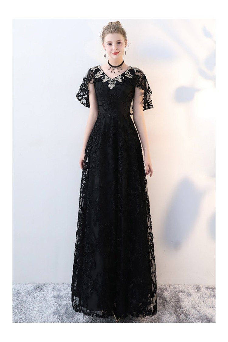 Black Sequin V Neck Long Chiffon Dress With Slit 79 9 Ck645