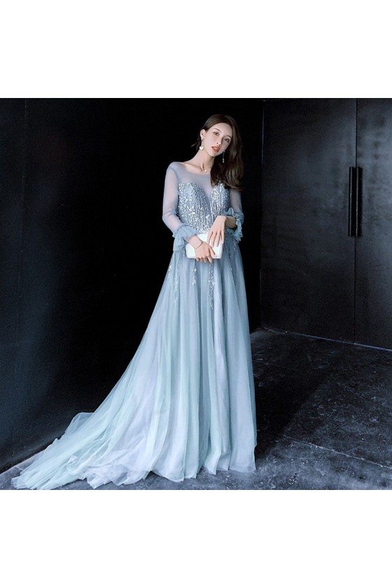 Beautiful Long Train Blue Prom Dress Lace With Illusion Long Sleeves -  $136.98 #AM79060 - SheProm.com