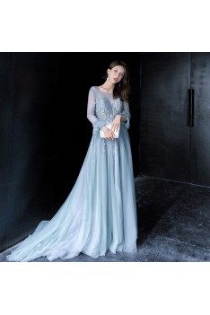 Beautiful Long Train Blue Prom Dress Lace With Illusion Long Sleeves - AM79060