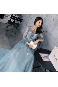 Beautiful Long Train Blue Prom Dress Lace With Illusion Long Sleeves - AM79060