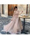 Nude Pink Pretty Long Tulle Prom Dress With Spaghetti Straps - AM79074