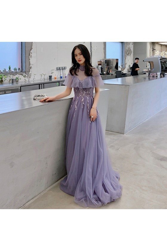 Purple Tulle Lace High Neck Long Prom Dress With Illusion Neckline - AM79092