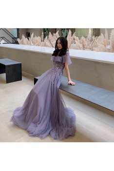 Purple Tulle Lace High Neck Long Prom Dress With Illusion Neckline - AM79092