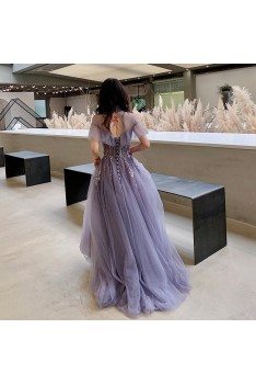 Purple Tulle Lace High Neck Long Prom Dress With Illusion Neckline - AM79092