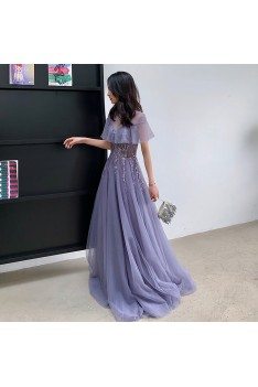 Purple Tulle Lace High Neck Long Prom Dress With Illusion Neckline - AM79092