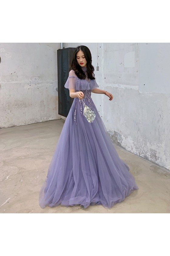 purple-tulle-lace-high-neck-