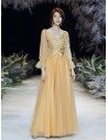 Gold Long Tulle Vneck Cheap Prom Dress With Sheer Long Sleeves - AM79030