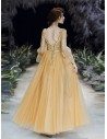 Gold Long Tulle Vneck Cheap Prom Dress With Sheer Long Sleeves - AM79030