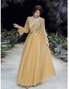 Gold Long Tulle Vneck Cheap Prom Dress With Sheer Long Sleeves - AM79030