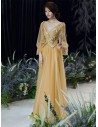 Gold Long Tulle Vneck Cheap Prom Dress With Sheer Long Sleeves - AM79030