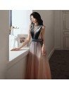 Special Ombre Long Tulle Aline Evening Prom Dress With Illusion Vneck - AM79066