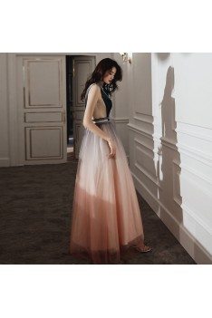 Special Ombre Long Tulle Aline Evening Prom Dress With Illusion Vneck - AM79066