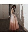 Special Ombre Long Tulle Aline Evening Prom Dress With Illusion Vneck - AM79066
