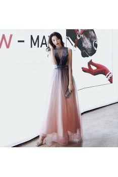 Special Ombre Long Tulle Aline Evening Prom Dress With Illusion Vneck - AM79066