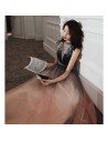 Special Ombre Long Tulle Aline Evening Prom Dress With Illusion Vneck - AM79066