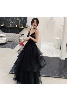 Bling Black Tulle Ruffled Prom Dress Vneck With Open Back - AM79145
