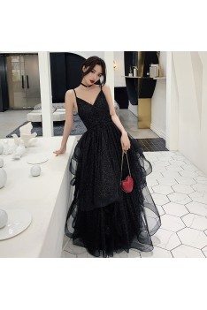 Bling Black Tulle Ruffled Prom Dress Vneck With Open Back - AM79145