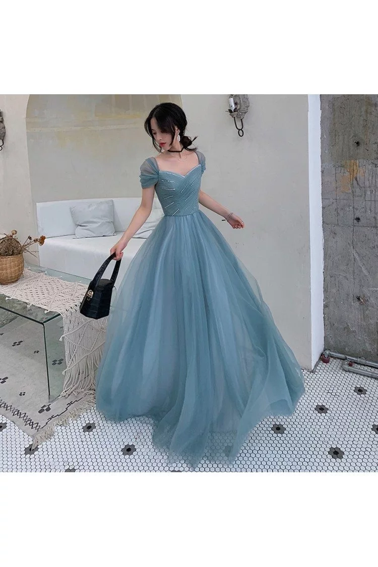 Dusty Blue Tulle Pleated Simple Prom ...