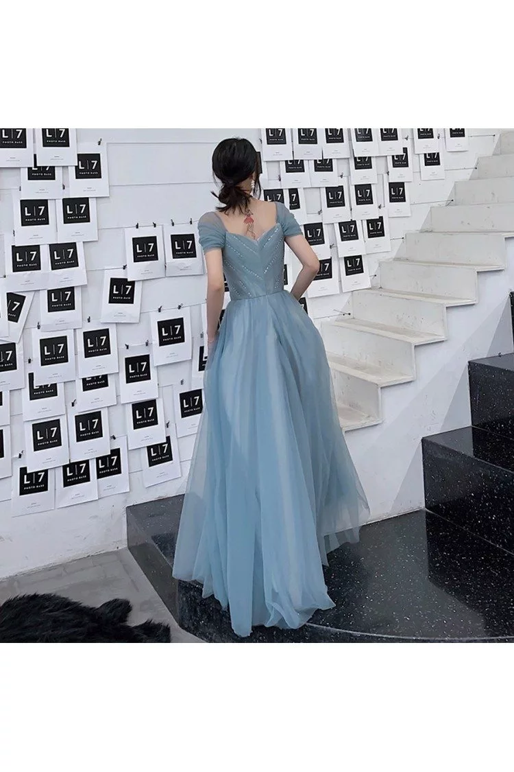 Dusty Blue Tulle Pleated Simple Prom Dress With Cap Sleeves