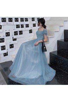 Dusty Blue Tulle Pleated Simple Prom Dress With Cap Sleeves - AM79101