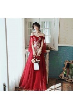 Burgundy Red Off Shoulder Aline Long Prom Dress With Embroidery - AM79035