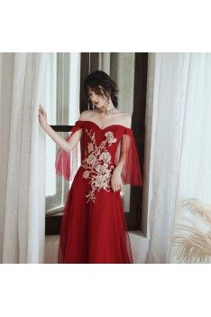Burgundy Red Off Shoulder Aline Long Prom Dress With Embroidery - AM79035