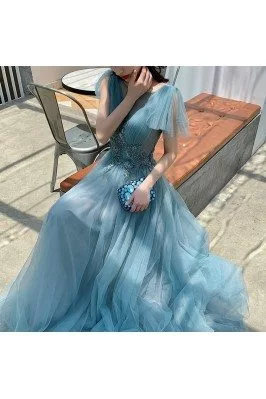 Sea Blue Beaded Long Tulle Prom Dress With Train - AM79129