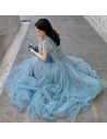 Sea Blue Beaded Long Tulle Prom Dress With Train - AM79129