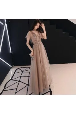 Beautiful Beaded Lace Brown Pageant Prom Dress Vneck With Tulle Sleeves - AM79162