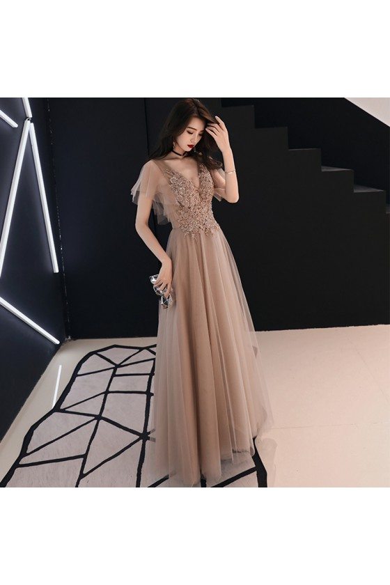 Beautiful Beaded Lace Brown Pageant Prom Dress Vneck With Tulle Sleeves - AM79162