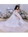 Elegant Long White Tulle Aline Prom Birthday Party Dress With Straps - AM79123